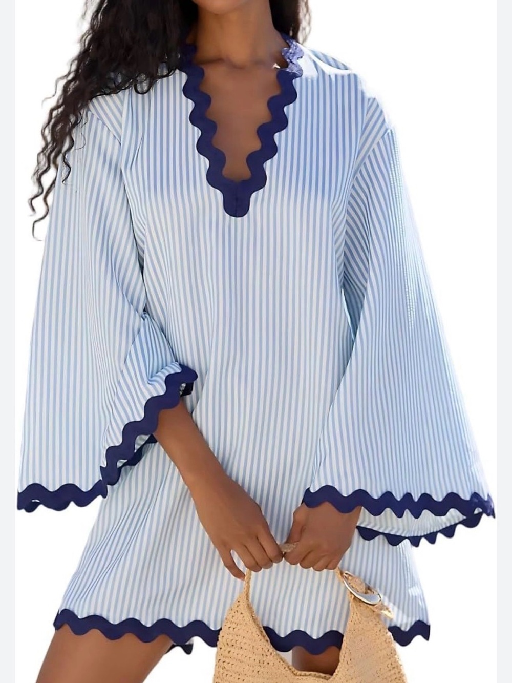 Striped Blue Tunic Dress with Navy Scallop Trim